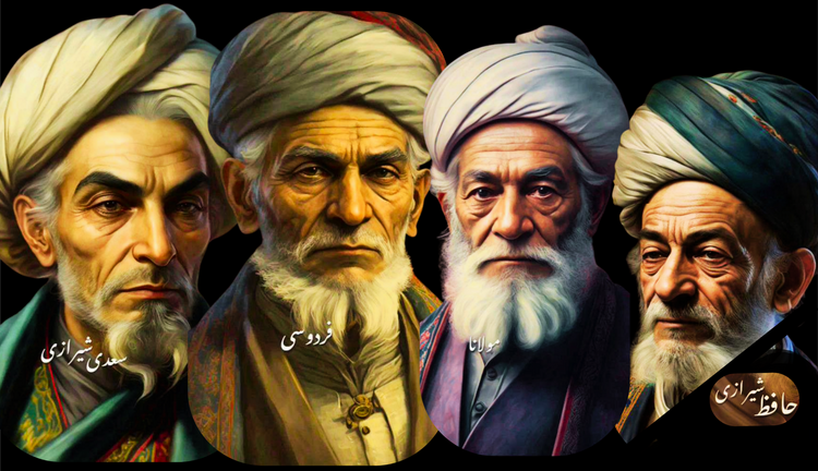 Four of the most famous poets of Persian literature, and they are From right to left, Hafez Shirazi, Rumi, Ferdowsi, and Saadi Shirazi.