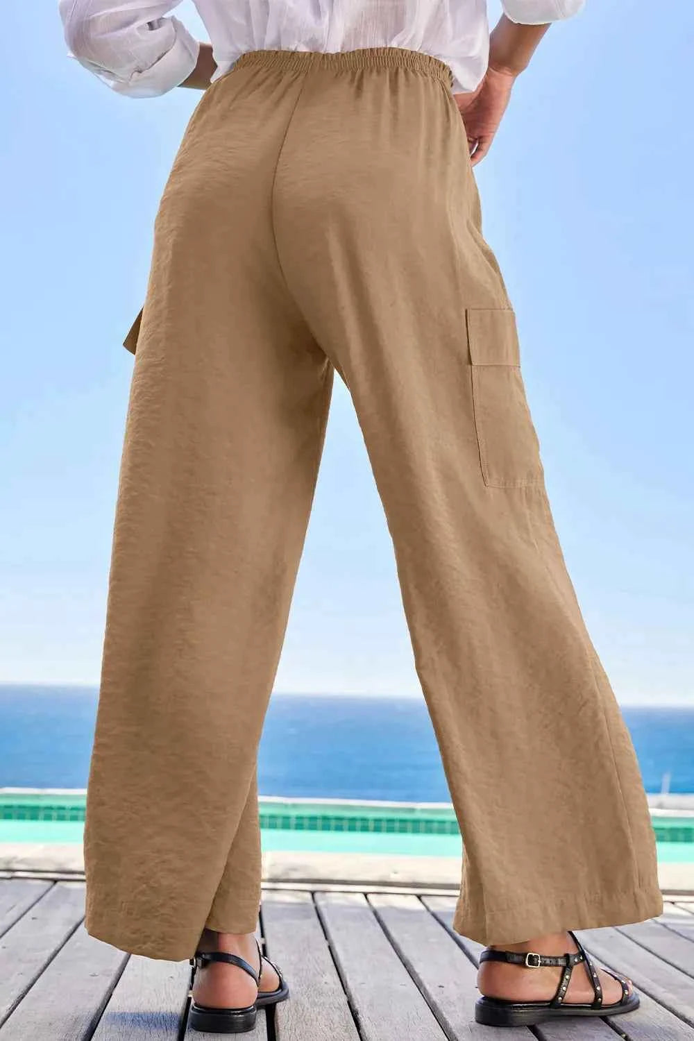 Drawstring Frilled Waist Wide Leg Utility Trousers – Khaki / Black / Dusty Blue - TreUS