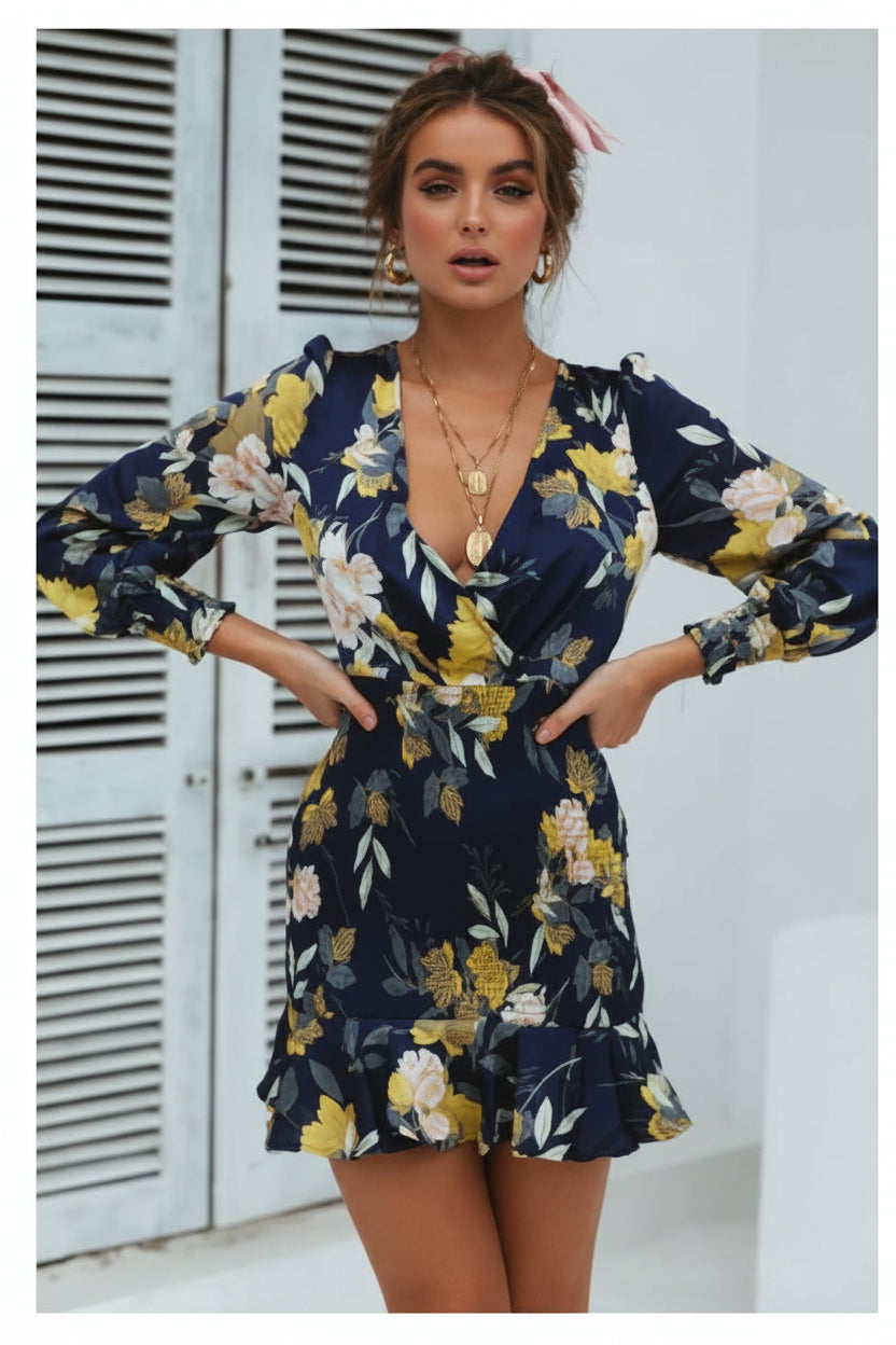 Printed V-Neck Dress with Cross Elastic Waist