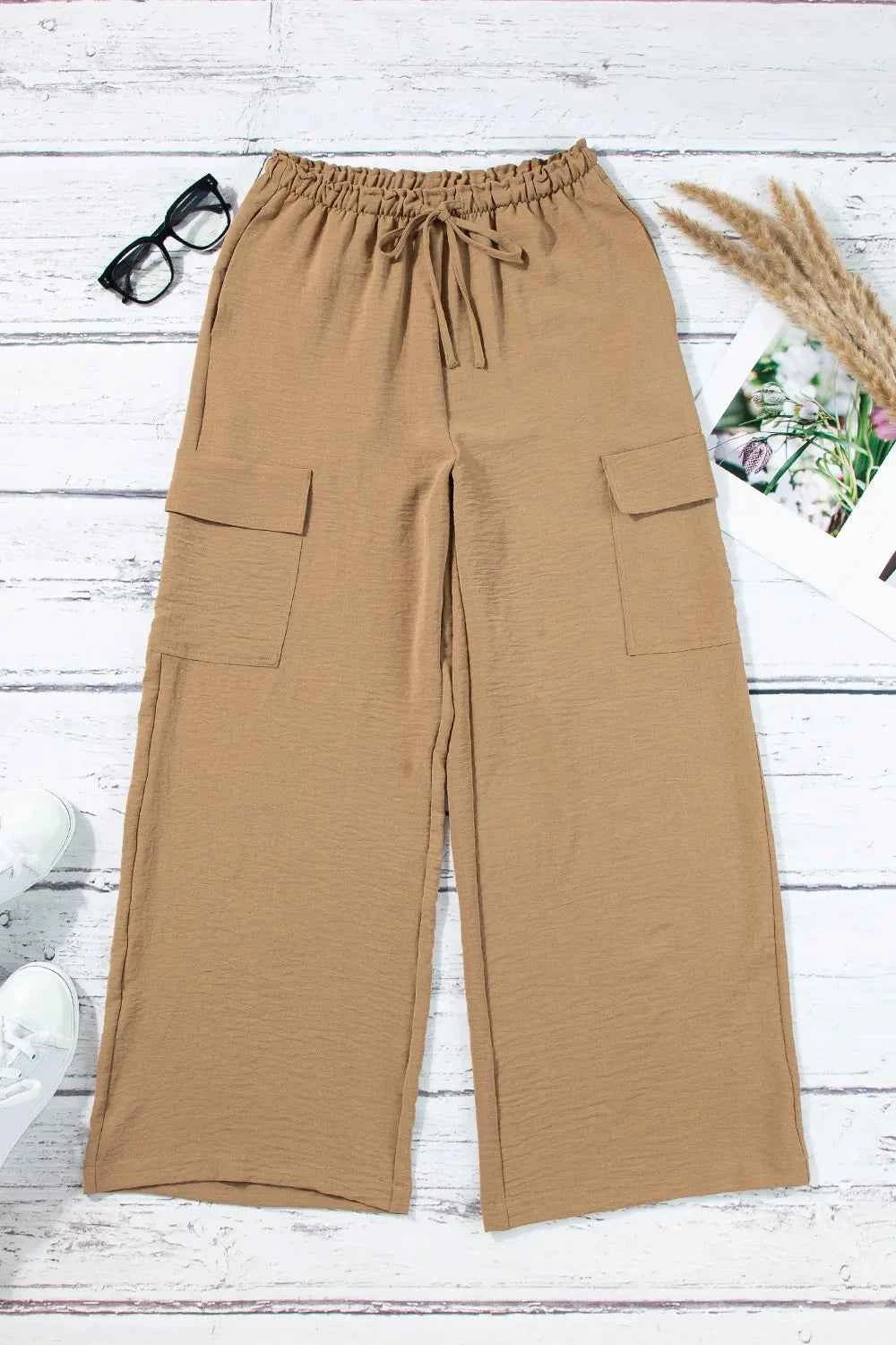 Drawstring Frilled Waist Wide Leg Utility Trousers – Khaki / Black / Dusty Blue - TreUS