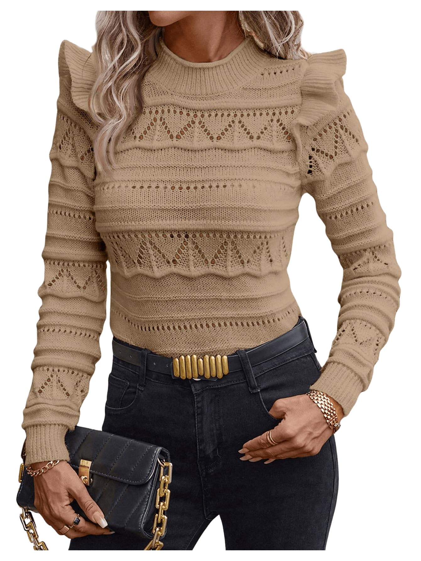 GORGLITTER Womens Ruffle Long Sleeve Knit Sweater Hollow Out Crew Neck Fall Trendy Pullover Tops Brown Large-US