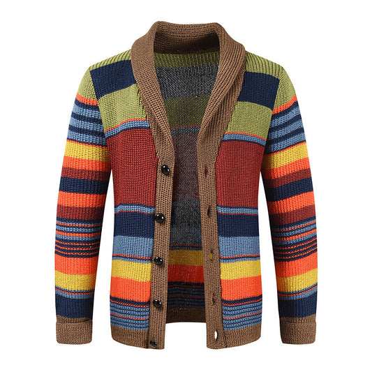 Men’s Winter Color Block Knit Sweater Jacket – Slim Fit, Polo Collar, Warm Knit (INT8)