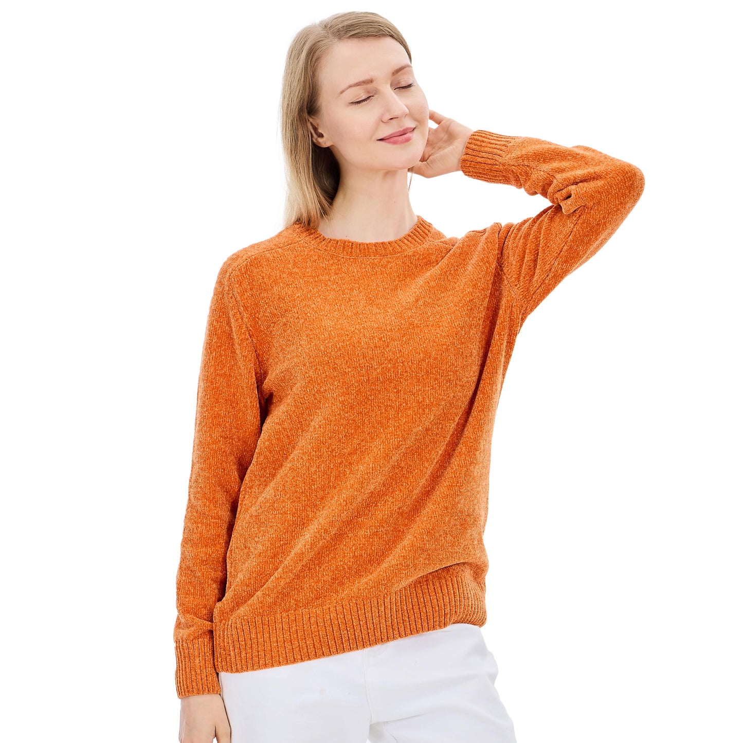 Simple&Opulence Womens Chenille Sweater Crewneck Long Sleeve Pullover Ribbed Cuff Hem Round Neck Jumper Tops (Orange Red XL)-US