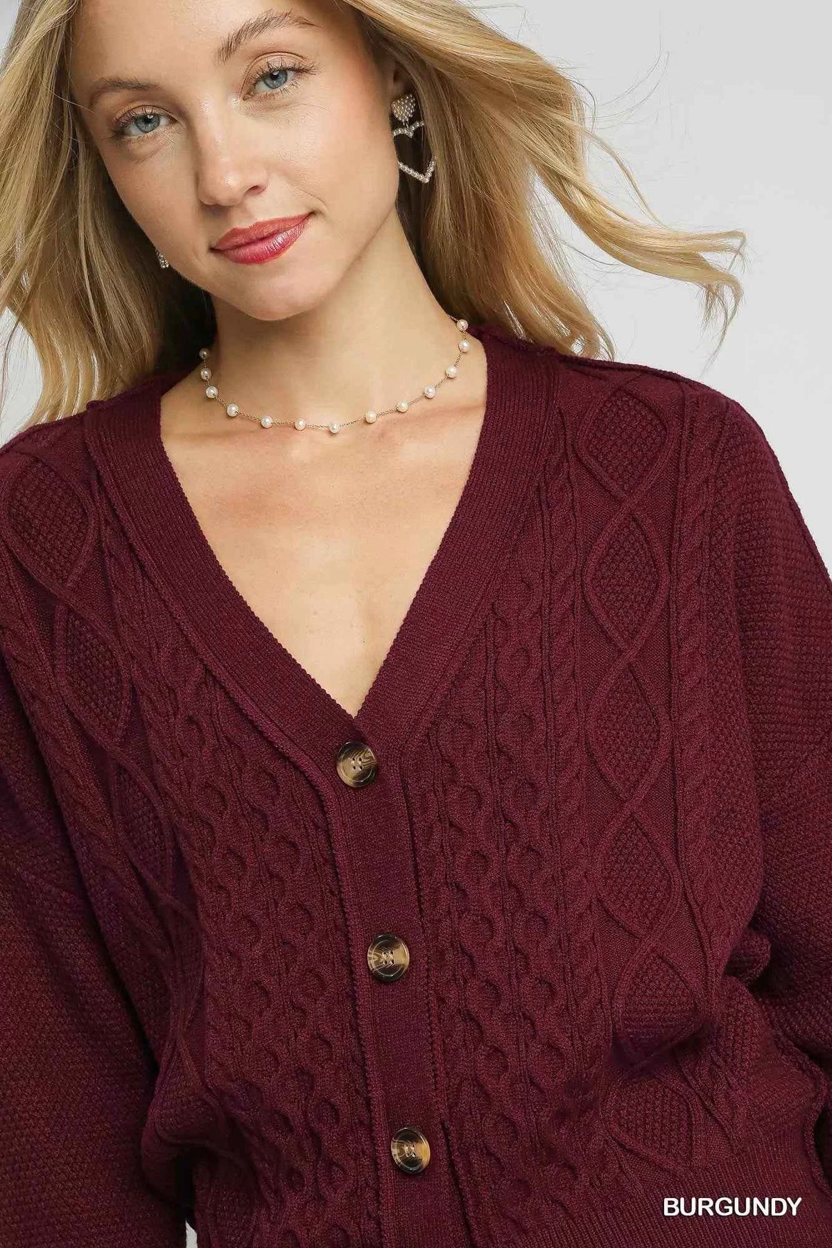 Umgee Chunky Cable Knit V-Neck Button-Up Cardigan - TreUS