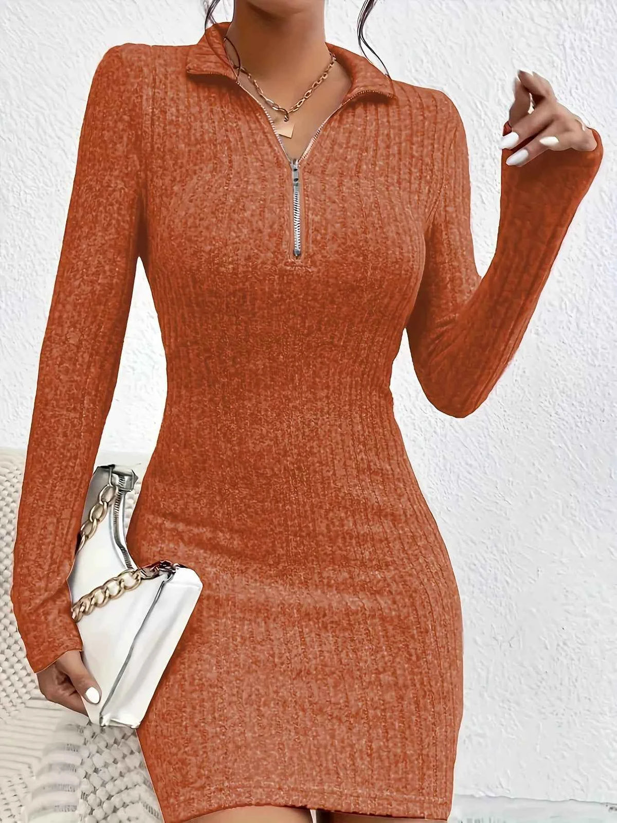 Ribbed Knit Bodycon Mini Dress with Zipper - TreUS
