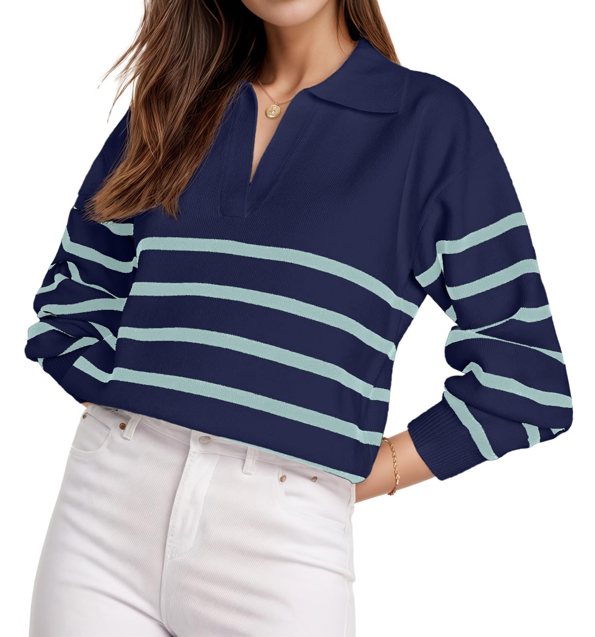 GRECERELLE 2024 Sweaters for Women Trendy Long Sleeve V Neck Striped Sweater Women Winter Chunky Pullover Navy Blue Stripe-L-US