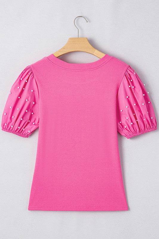 Ribbed Pearl Beaded Puff Sleeve Top