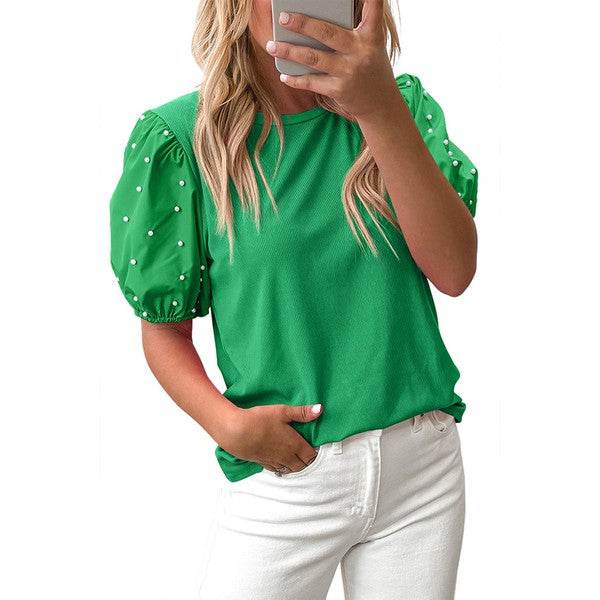Ribbed Pearl Beaded Puff Sleeve Top