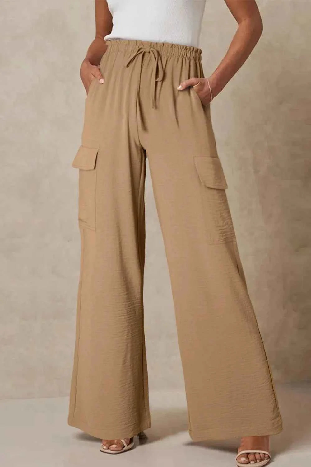 Drawstring Frilled Waist Wide Leg Utility Trousers – Khaki / Black / Dusty Blue - TreUS