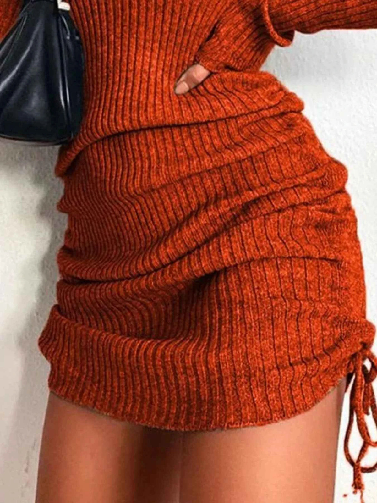 Full Size Ribbed Knit Drawstring Bodycon Sweater Dress Plus Size - TreUS