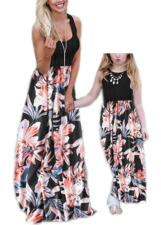 Perssia ForeverBloom⢠Mommy & Me Maxi Dress Casual Floral Family Outfits Summer Matching Maxi Dress (Black L) - PERSSIA
