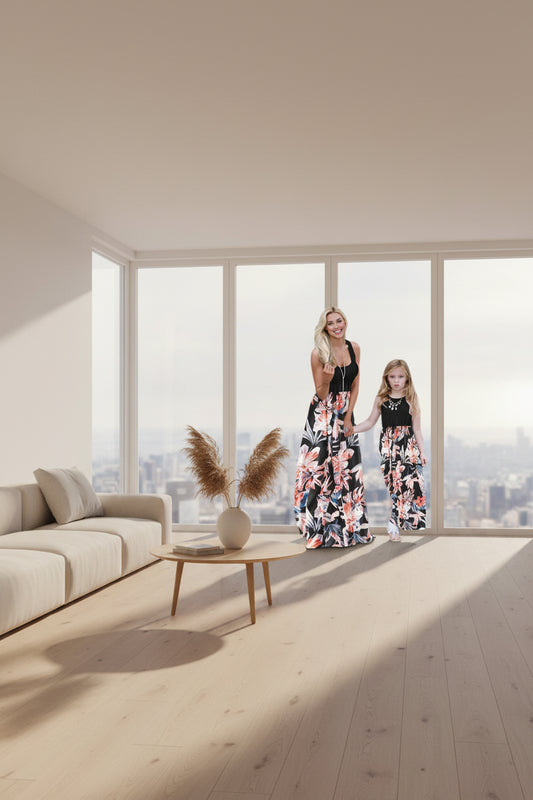 Perssia ForeverBloom⢠Mommy & Me Maxi Dress Casual Floral Family Outfits Summer Matching Maxi Dress (Black L) - PERSSIA
