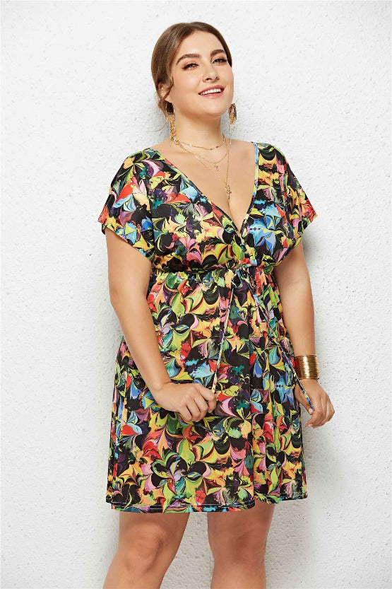 Deep V-Neck Printed Dress with Elastic Waist