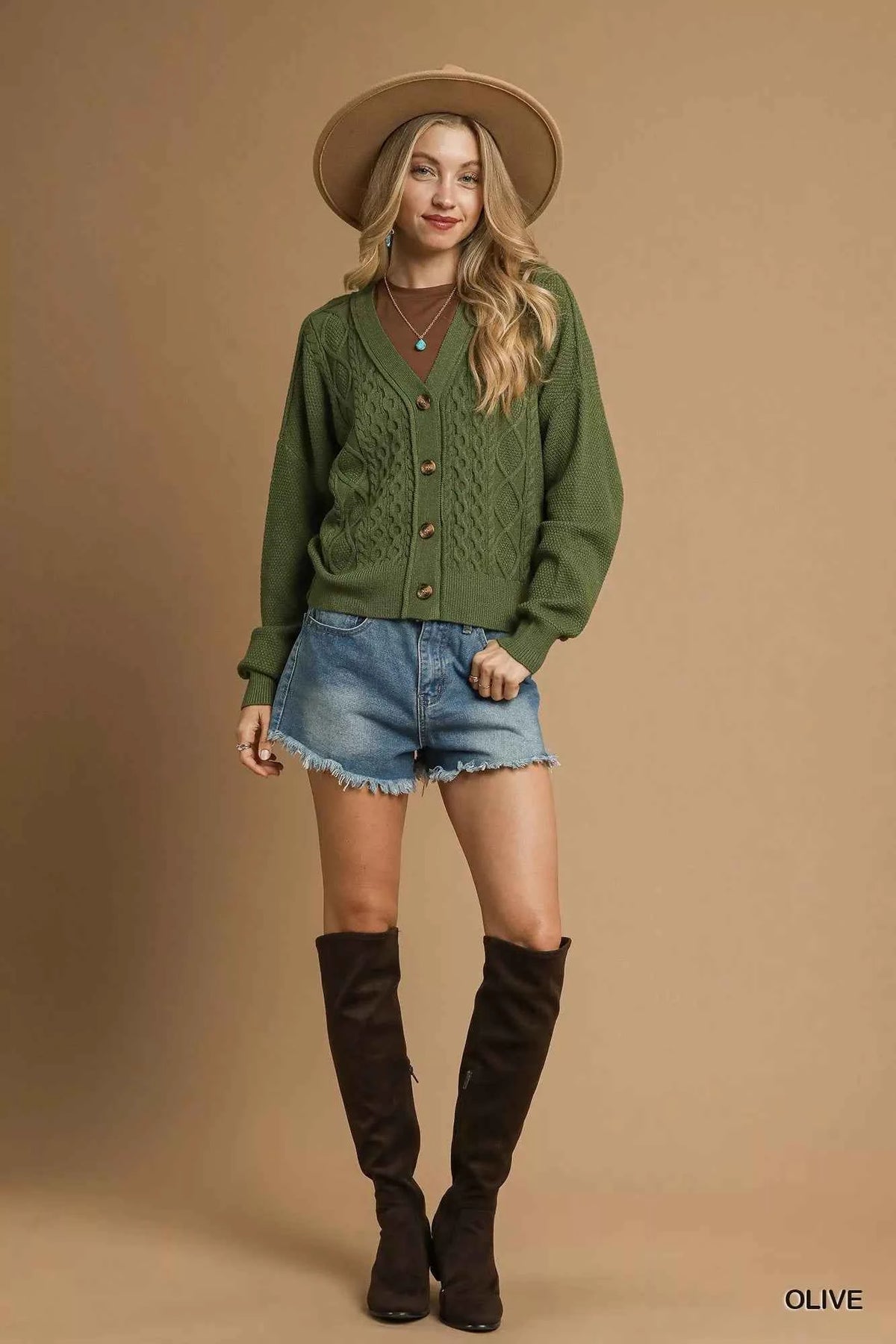 Umgee Chunky Cable Knit V-Neck Button-Up Cardigan - TreUS
