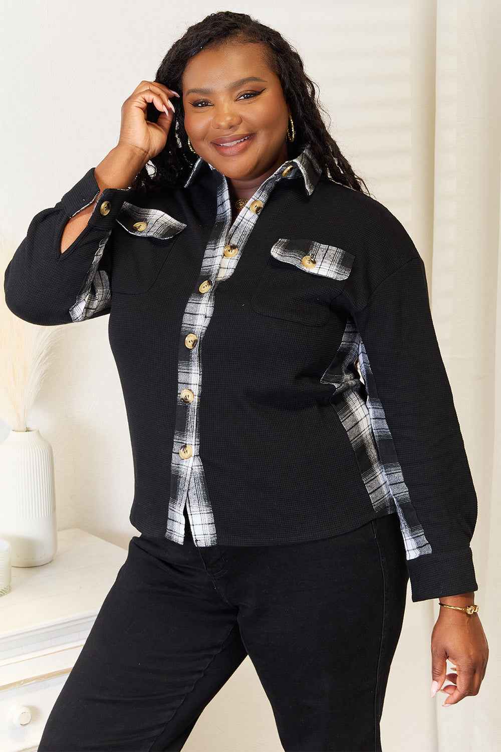 Mandy Plaid Collared Dropped Shoulder Jacket-TreUS2D