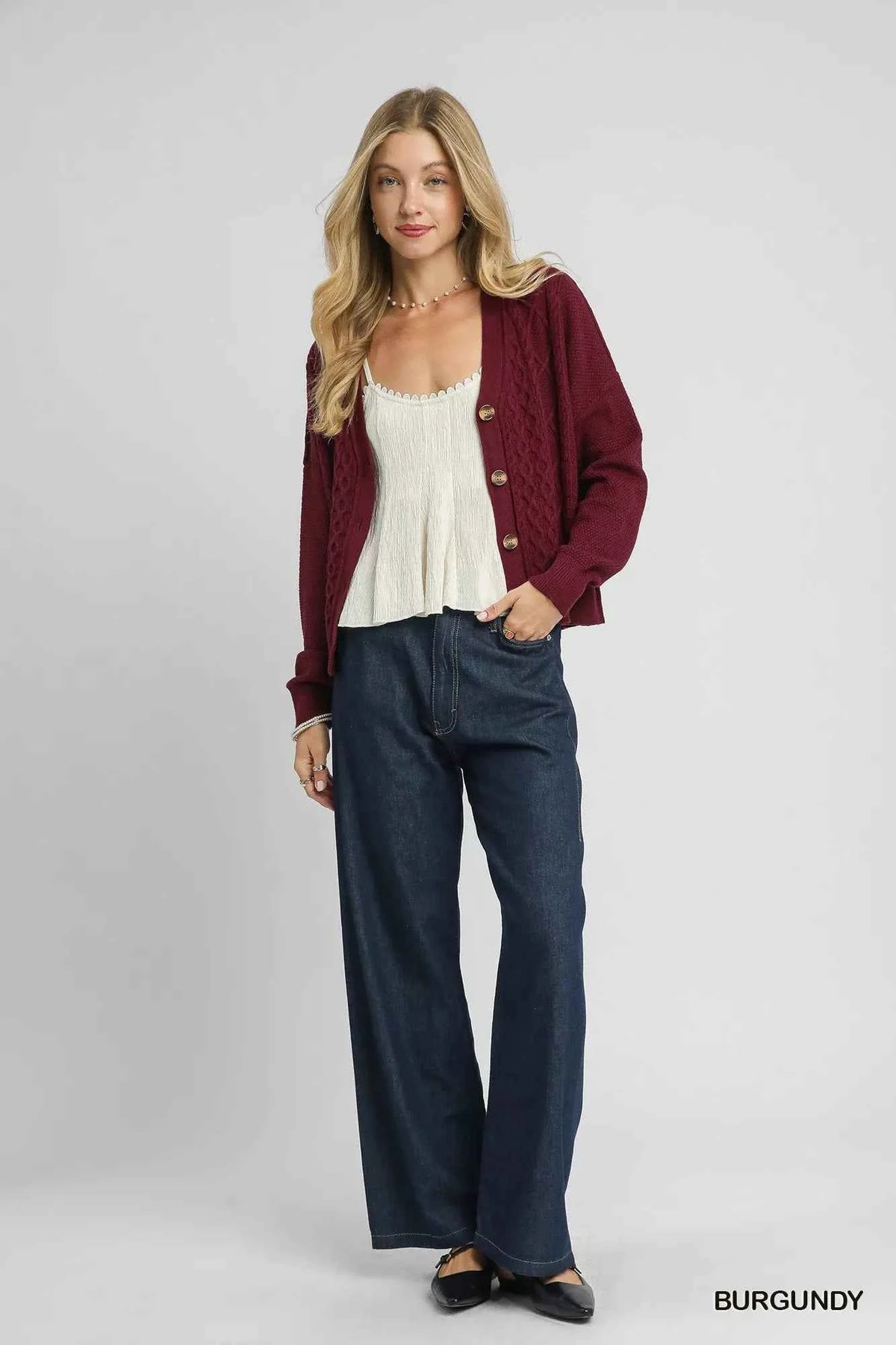 Umgee Chunky Cable Knit V-Neck Button-Up Cardigan - TreUS