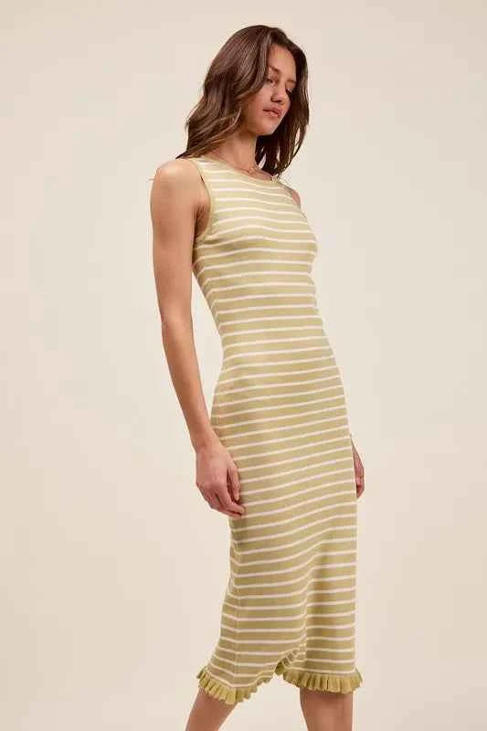 SO ME Stripe Sleeveless Sweater Knit Maxi Dress With Ruffled Hem- TreUS