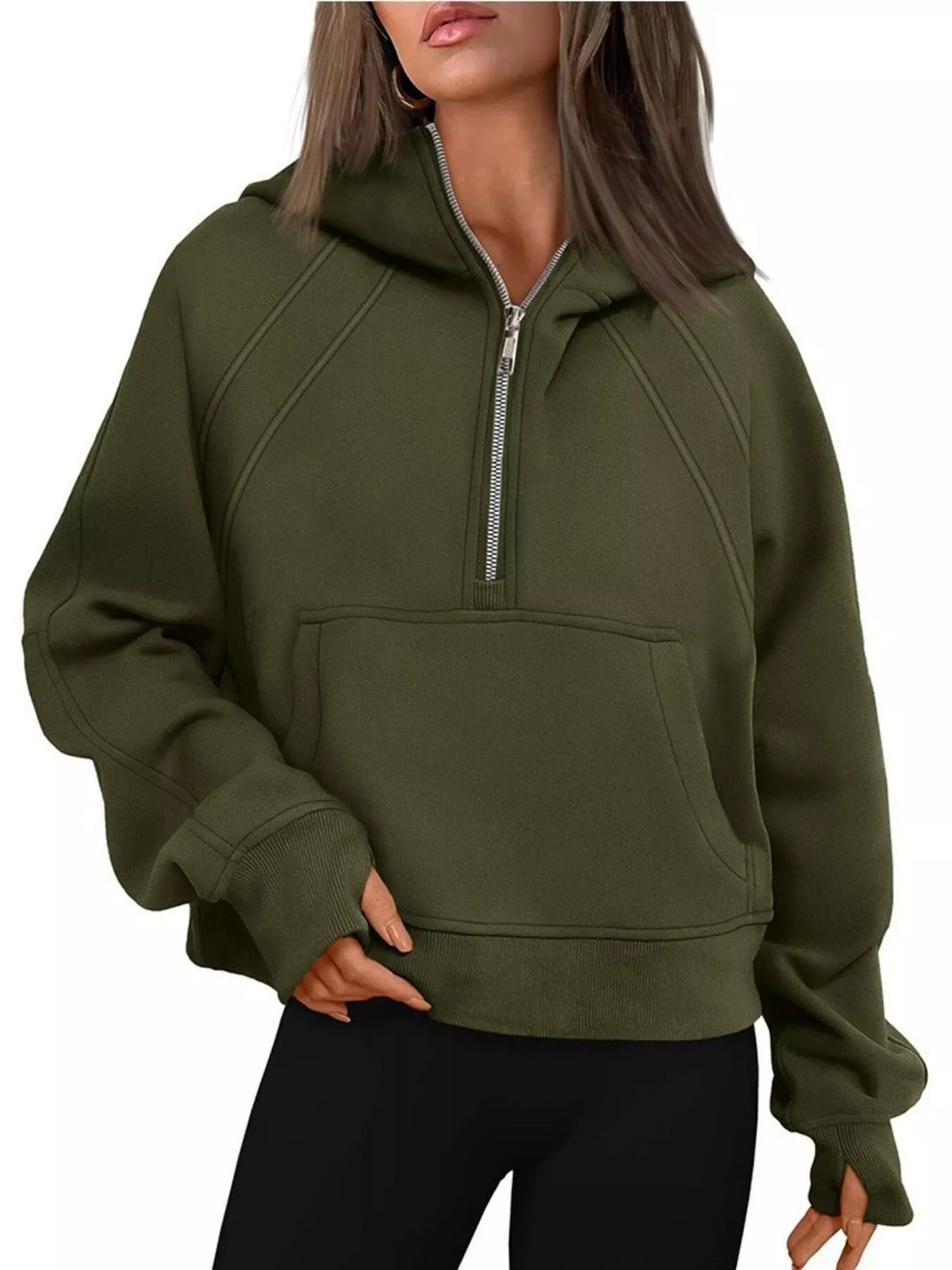 Green pullover with a zipper on a white background
