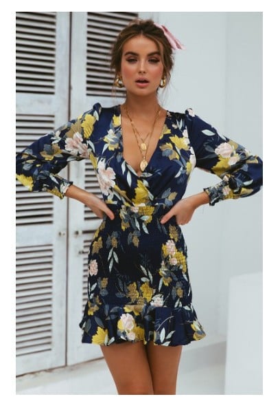 Printed V-Neck Dress with Cross Elastic Waist -INT8