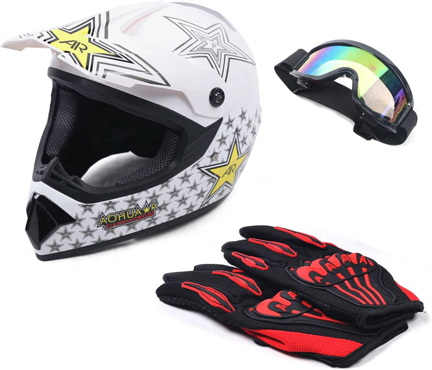 Youth Kids Safety Motocross Helmet ABS Breathable Unisex Youth Kids Helmet W/Goggles Gloves DOT Motocross ATV Dirt Bike Helmet Kit USA Stock (COLOR 4 M)