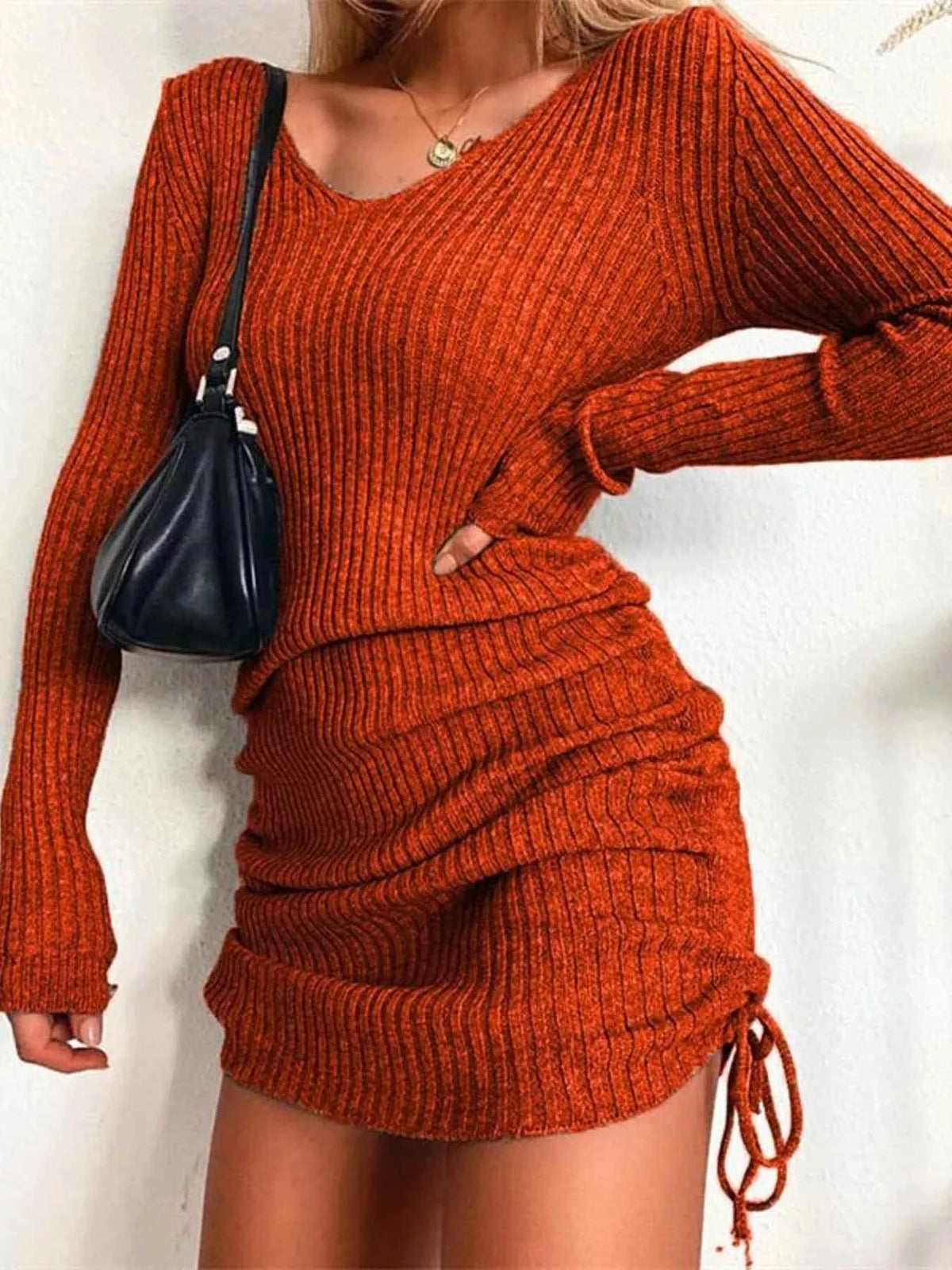 Full Size Ribbed Knit Drawstring Bodycon Sweater Dress Plus Size - TreUS