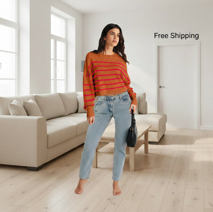 MEROKEETY Striped Ribbed Knit Crop Sweater – Chili Large-US2D