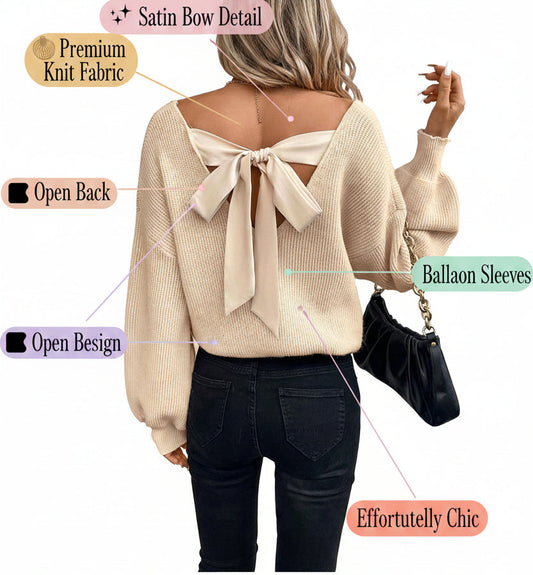 Bow Backless Deep V‑Neck Lantern Sleeve women Sweater – Apricot -US2D