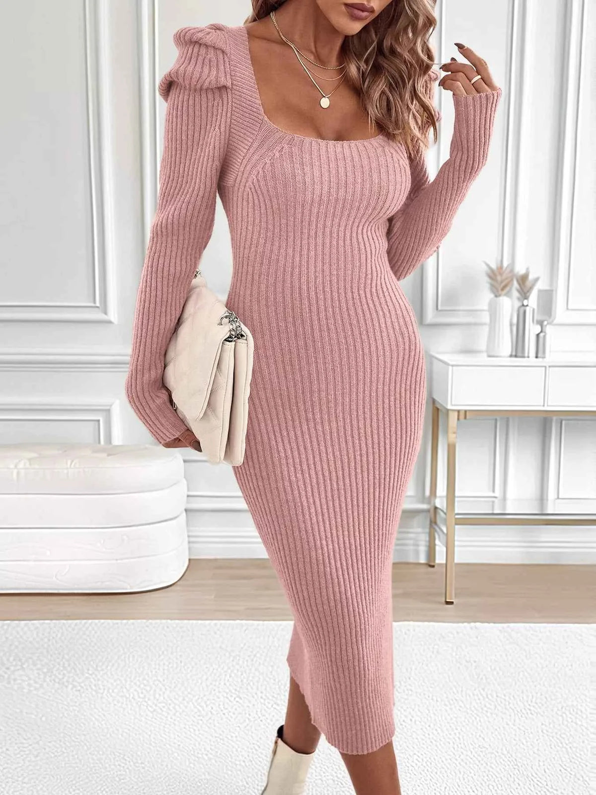 Ribbed Knit Square Neck Bodycon Sweater Dress - TreUS