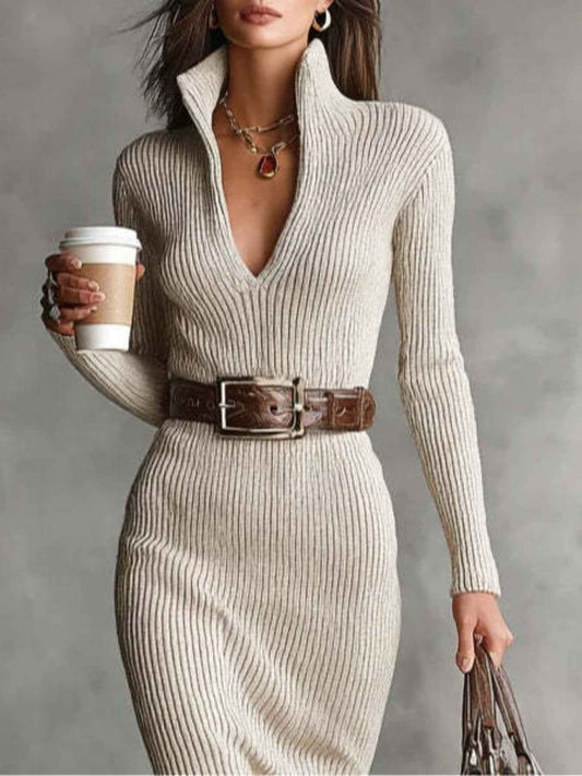 Ribbed Knit Turtleneck Bodycon Sweater Dress - TreUS