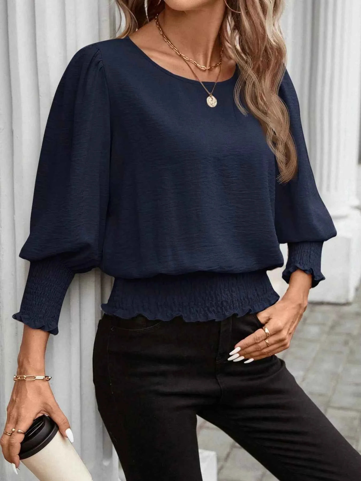 Smocked Waist Round Neck Blouse - TreUS