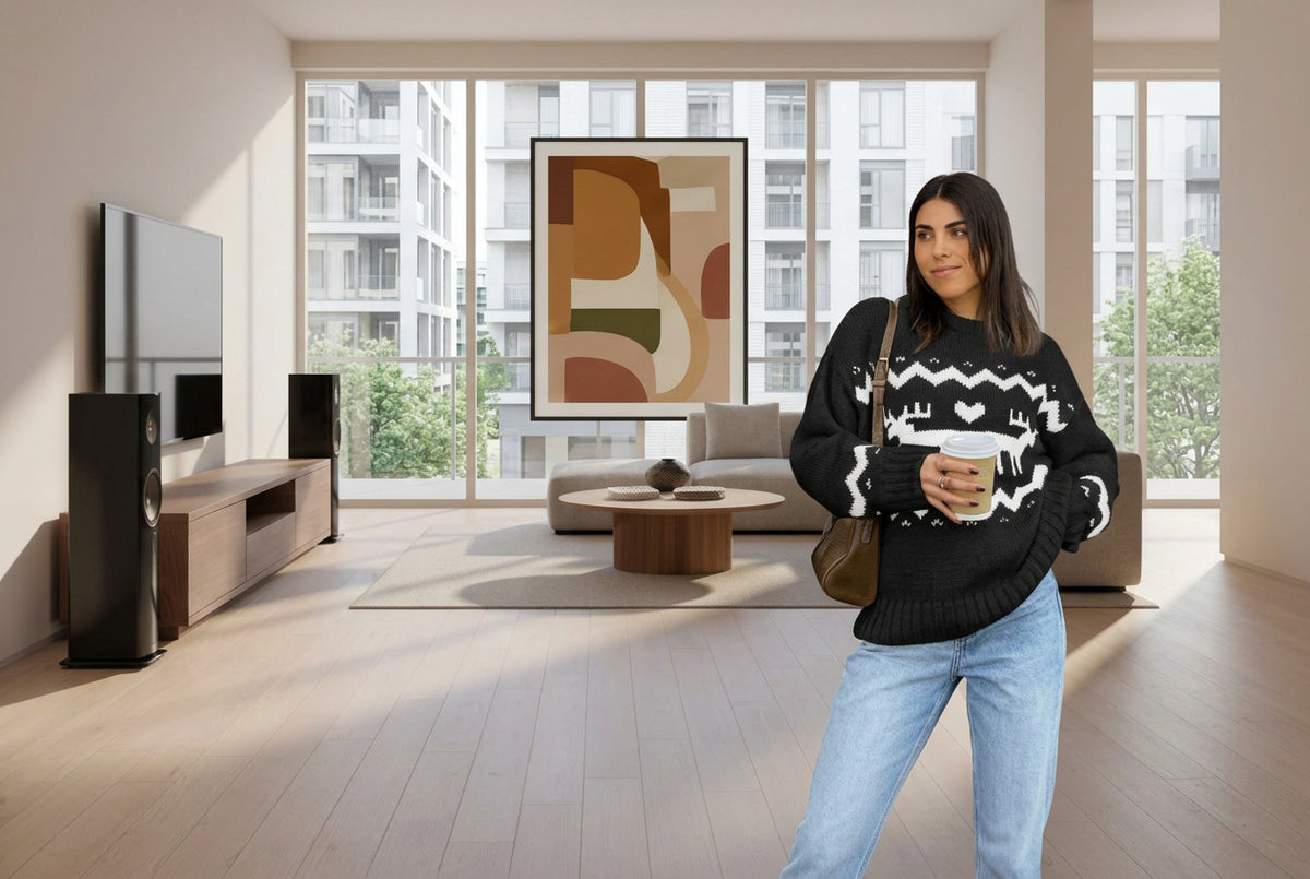 A woman stands in a bright, modern living room wearing a black knit sweater with a white geometric pattern, light blue jeans, and holding a coffee cup. A large abstract art print hangs on the wall behind her.