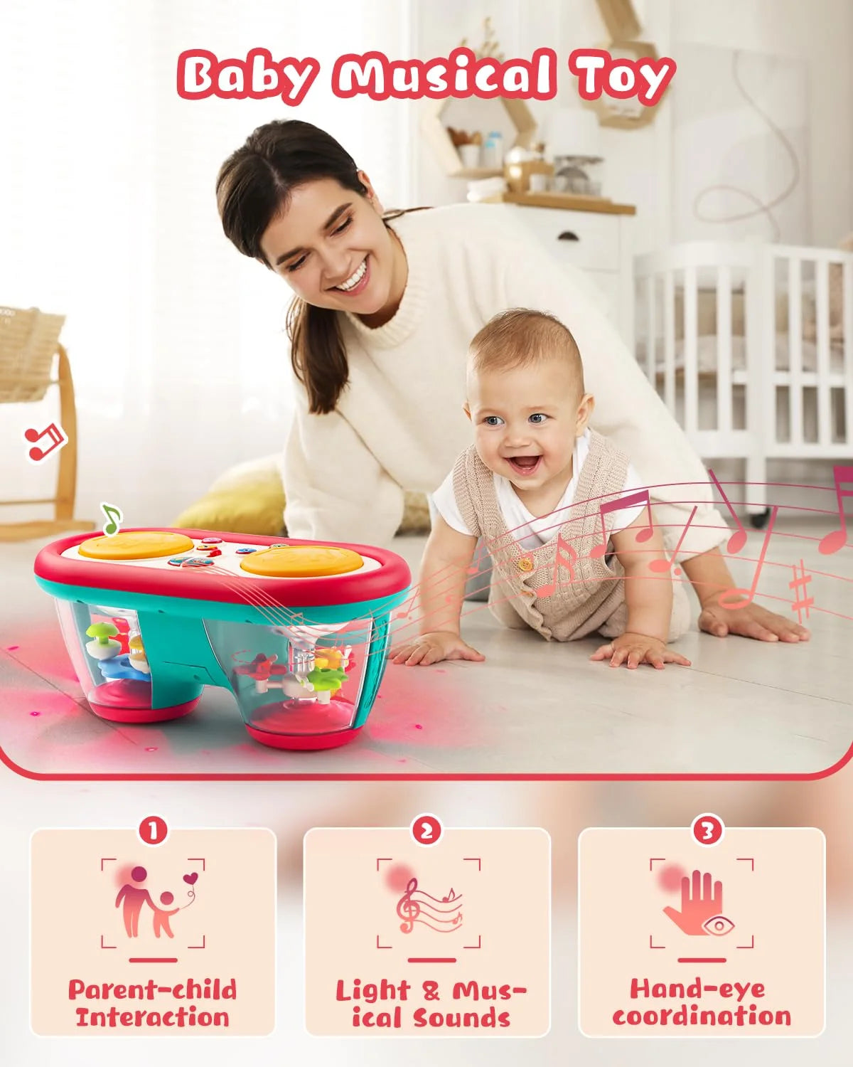 Baby Toys for 12 Months, Toddler Musical Instruments Infant Toys, Rotating Light up Learning Sensory Toys for 12-18 Months, Boys Girls Baby Drum Toy