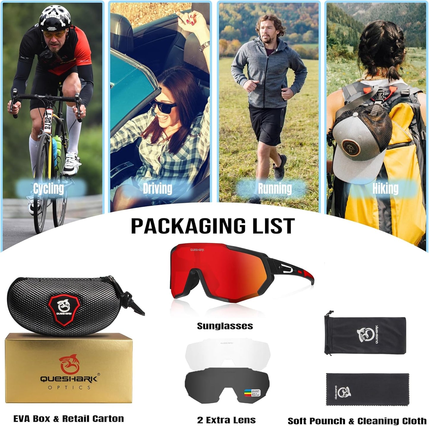 Cycling Glasses, Sports Sunglasses for Men Women, 1 Polarized 2 HD Lens, Polarized Sunglasses for Cycling Running