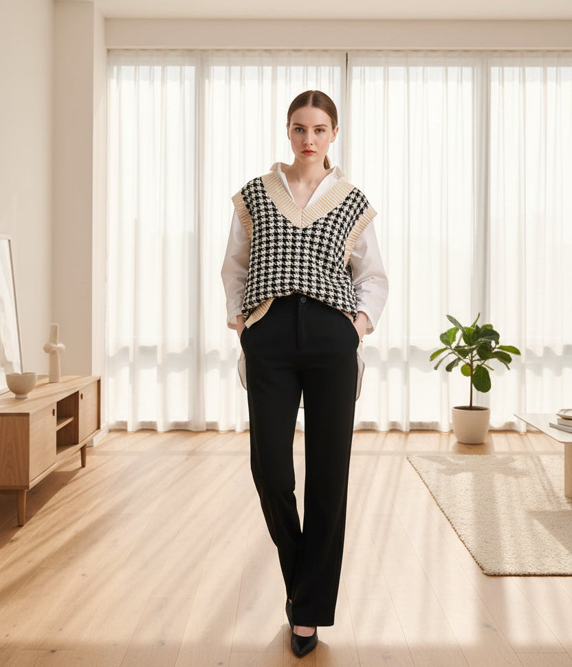 SAFRISIOR Oversized Houndstooth Sweater Vest – Apricot, Chunky Knit, V‑Neck, Sleeveless -US2D
