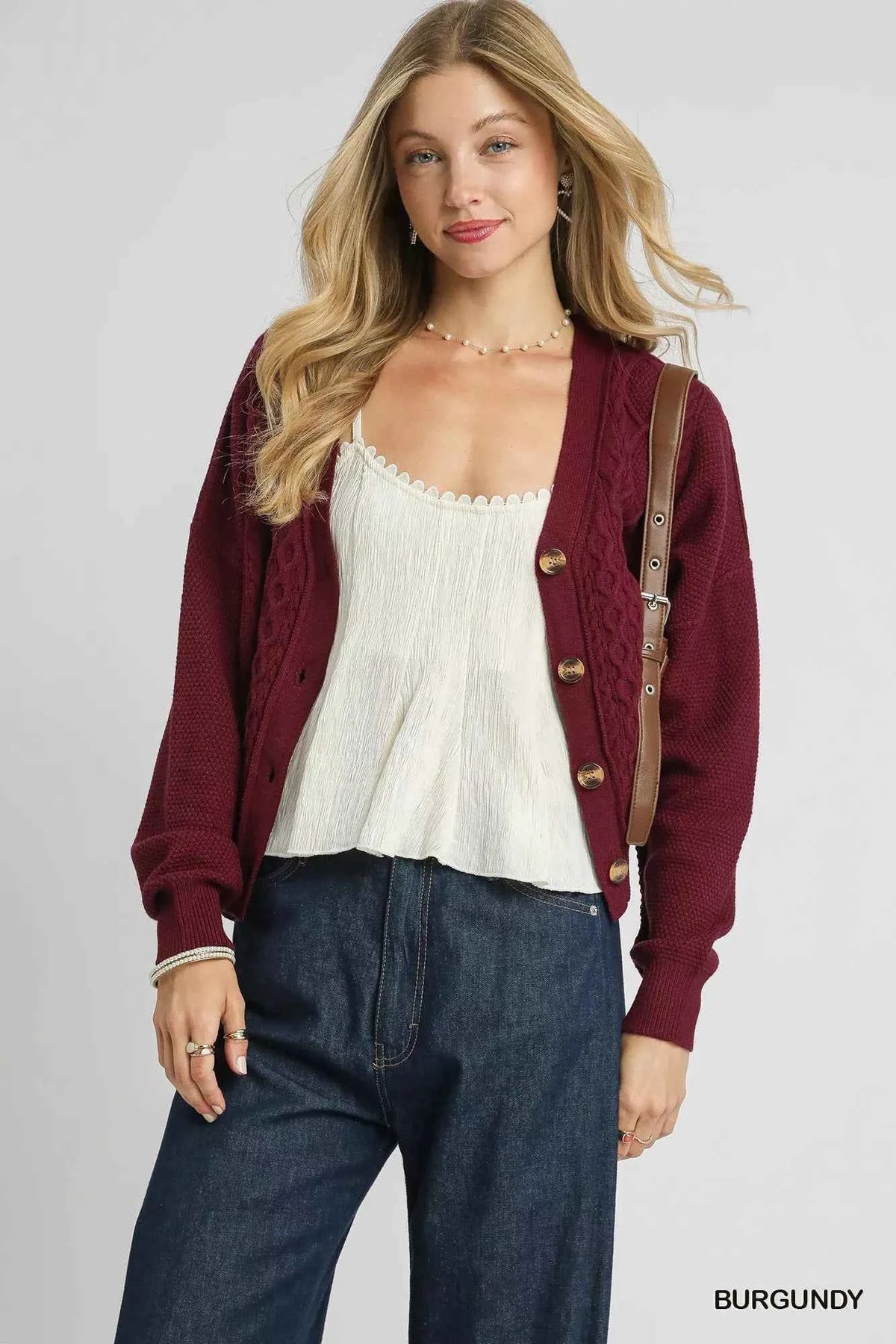 Umgee Chunky Cable Knit V-Neck Button-Up Cardigan - TreUS