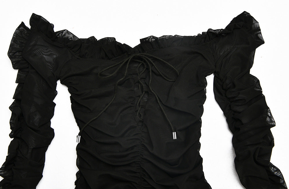 Fashionable Sheer Ruffle Long Sleeve Deep V Dress -INT8