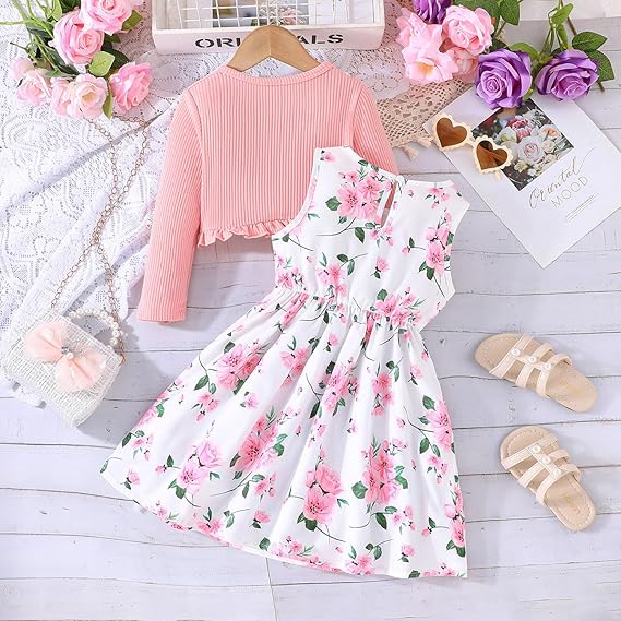 Perssia LittleBloom™ Two‑Piece Dress & Ruffle Cardigan Set — Pink (Ages 2–8) - PERSSIA