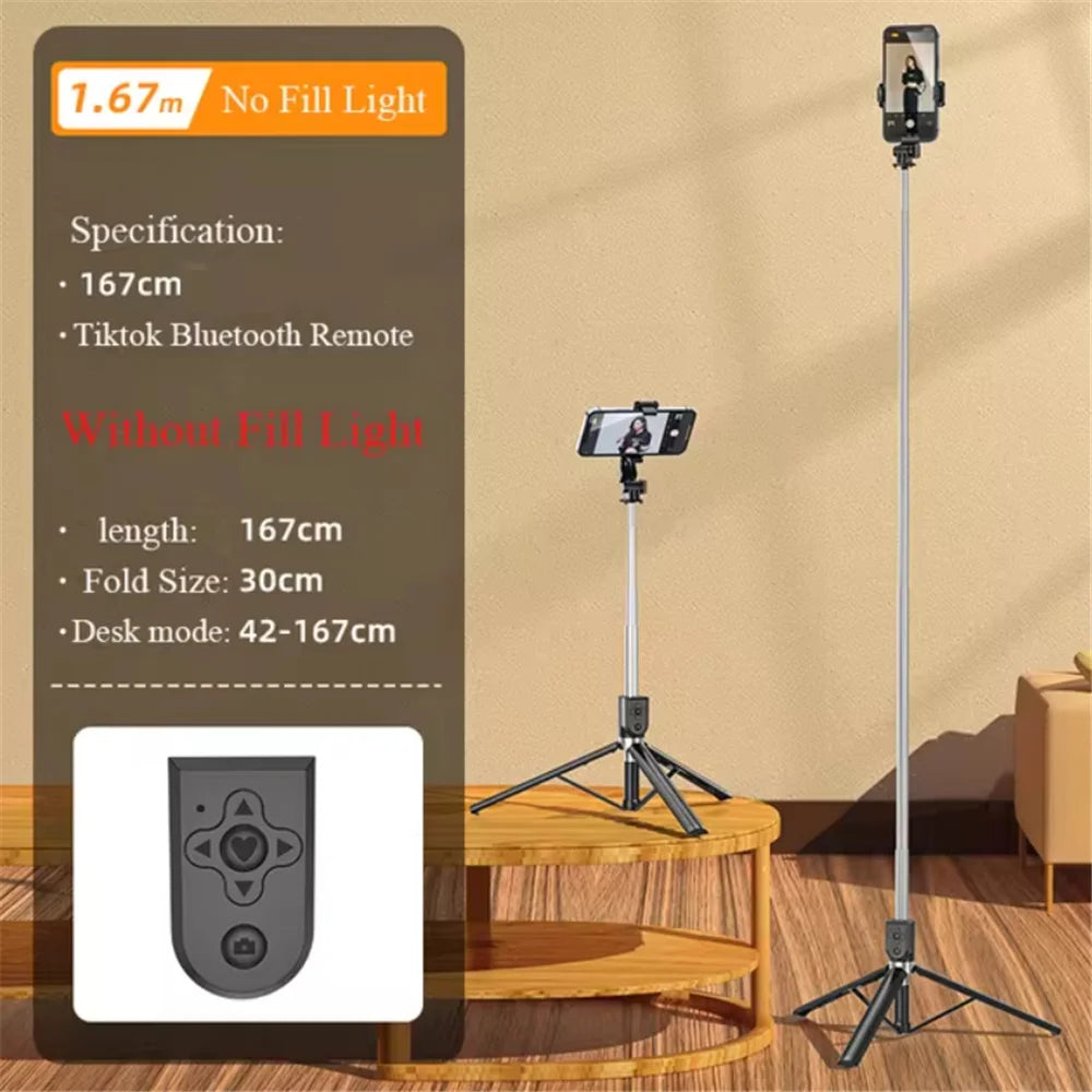 1.7M Long Extended Bluetooth Wireless Selfie Stick Live Stand Holder Tripod Foldable with Fill Light Phone Holderfor Smartphones