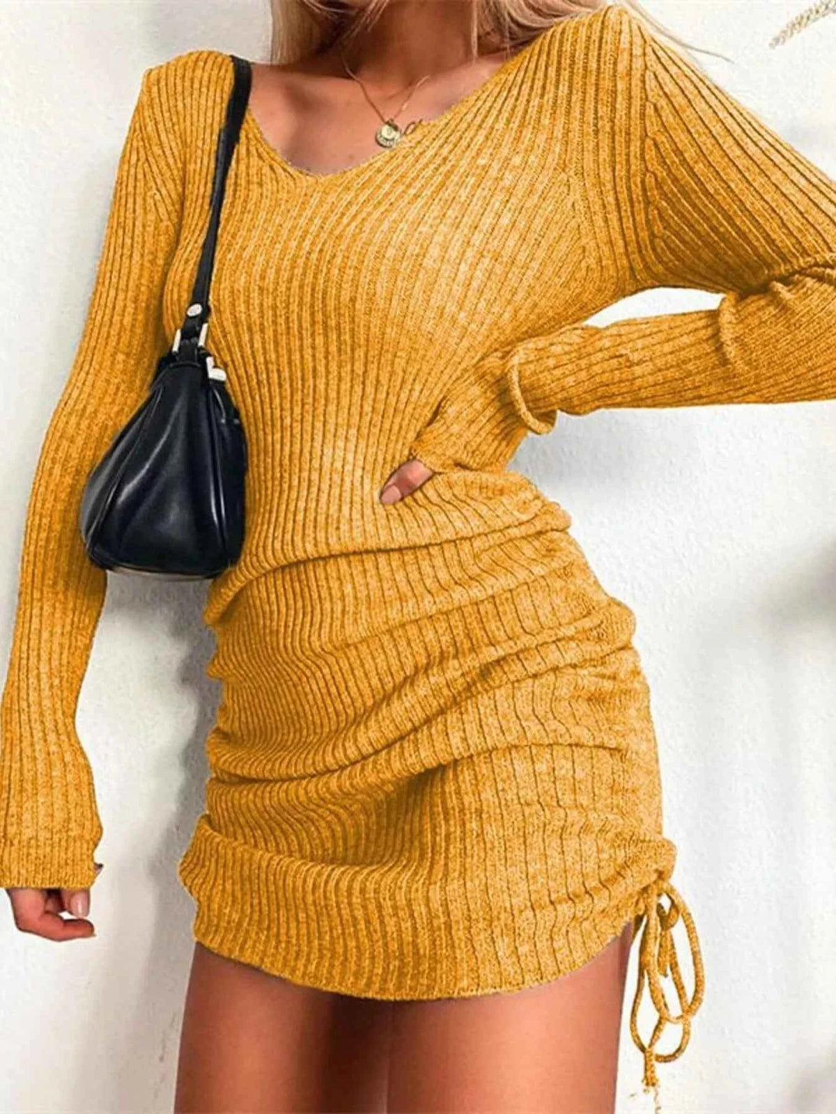 Full Size Ribbed Knit Drawstring Bodycon Sweater Dress Plus Size - TreUS
