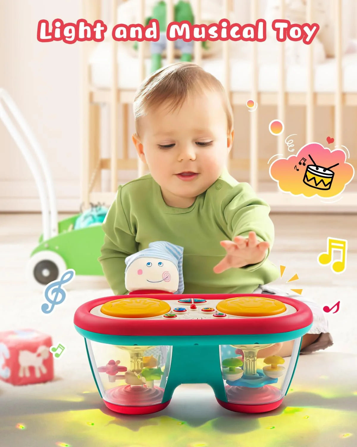Baby Toys for 12 Months, Toddler Musical Instruments Infant Toys, Rotating Light up Learning Sensory Toys for 12-18 Months, Boys Girls Baby Drum Toy