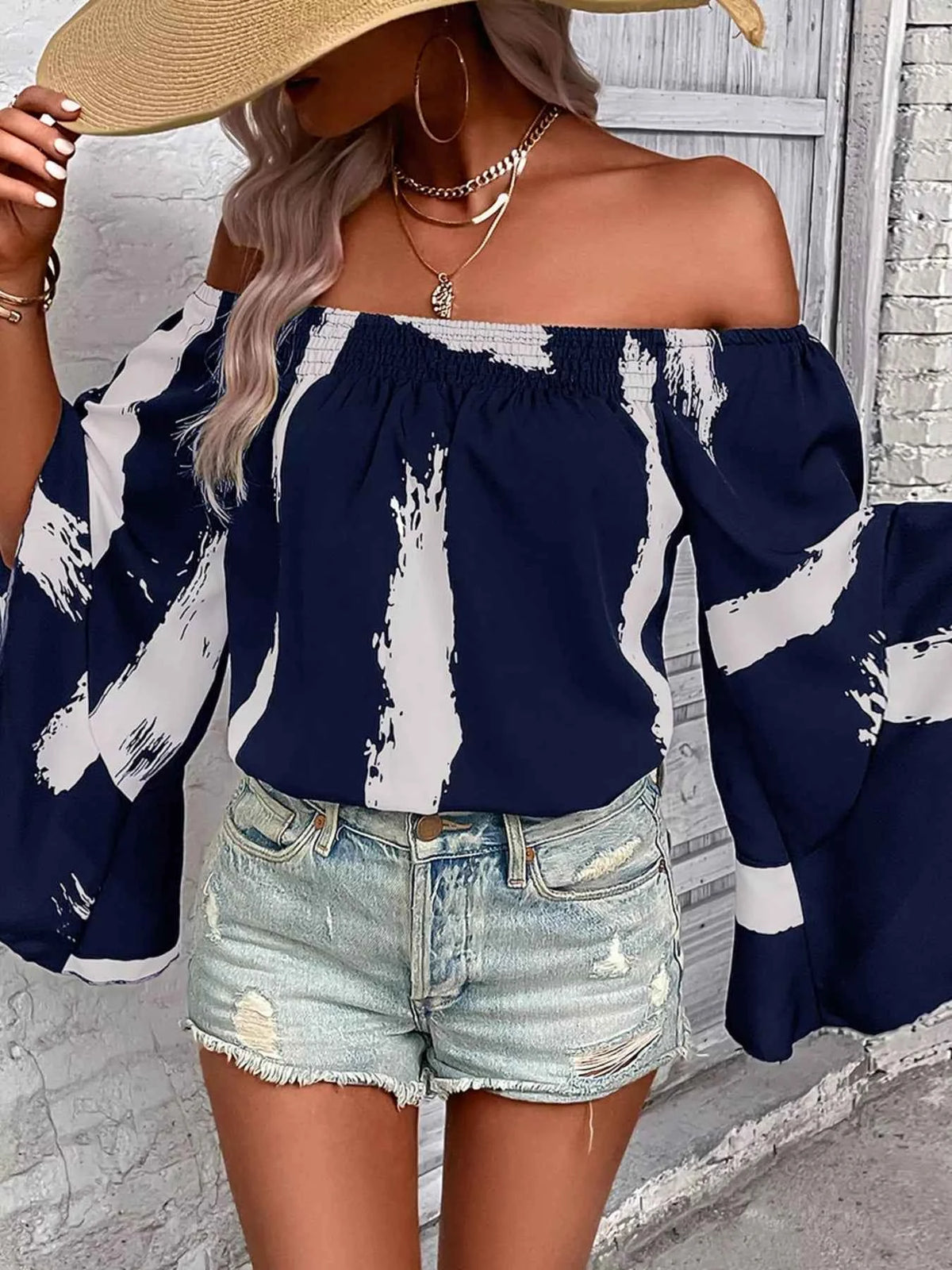 Off Shoulder Bell Sleeve Blouse – Navy (Smocked & Ruffled) - TreUS