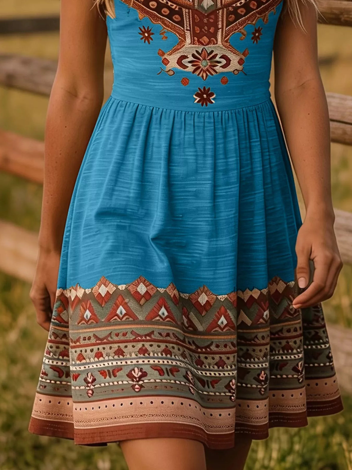 A woman wearing a sleeveless turquoise blue dress with a flared skirt and intricate geometric and floral embroidery in rust red, beige, and brown. The background shows a soft-focus outdoor setting with a wooden fence and green grass.