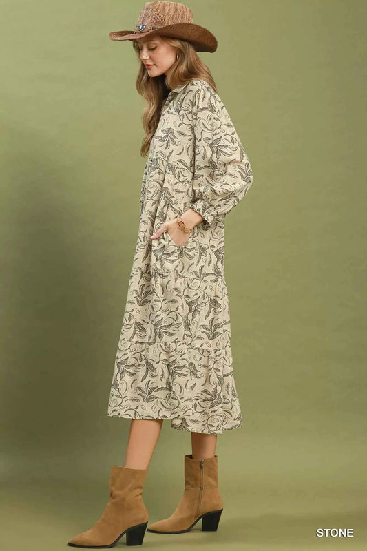 Umgee Linen Botanical Print Tiered Midi Dress - TreUS