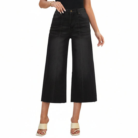 Perssia FlowDenim⢠HighâWaisted WideâLeg Jeans â Raw Hem Capri Fit (Black) - PERSSIA