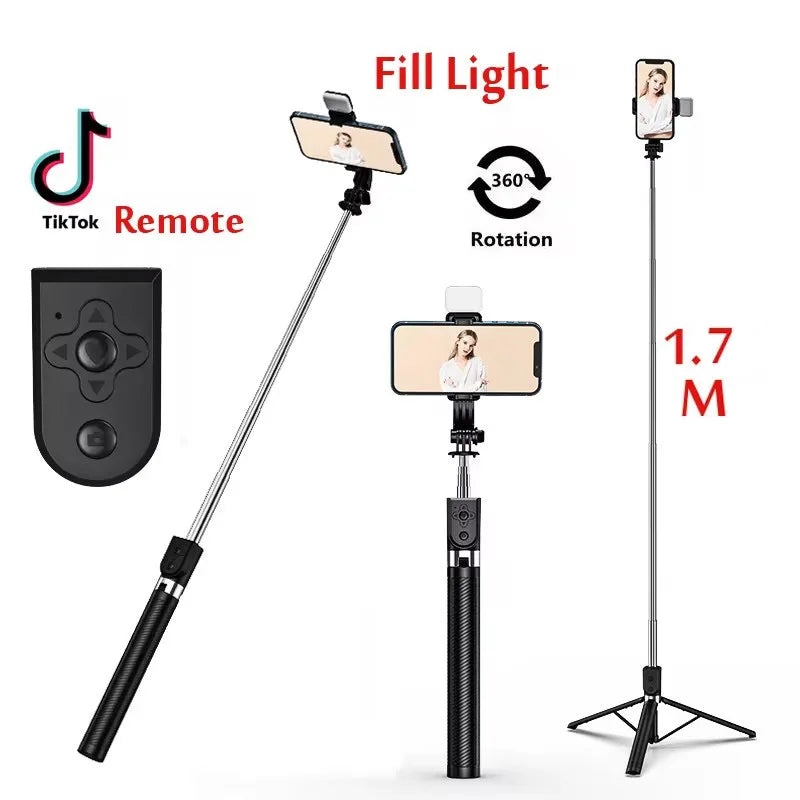 1.7M Long Extended Bluetooth Wireless Selfie Stick Live Stand Holder Tripod Foldable with Fill Light Phone Holderfor Smartphones