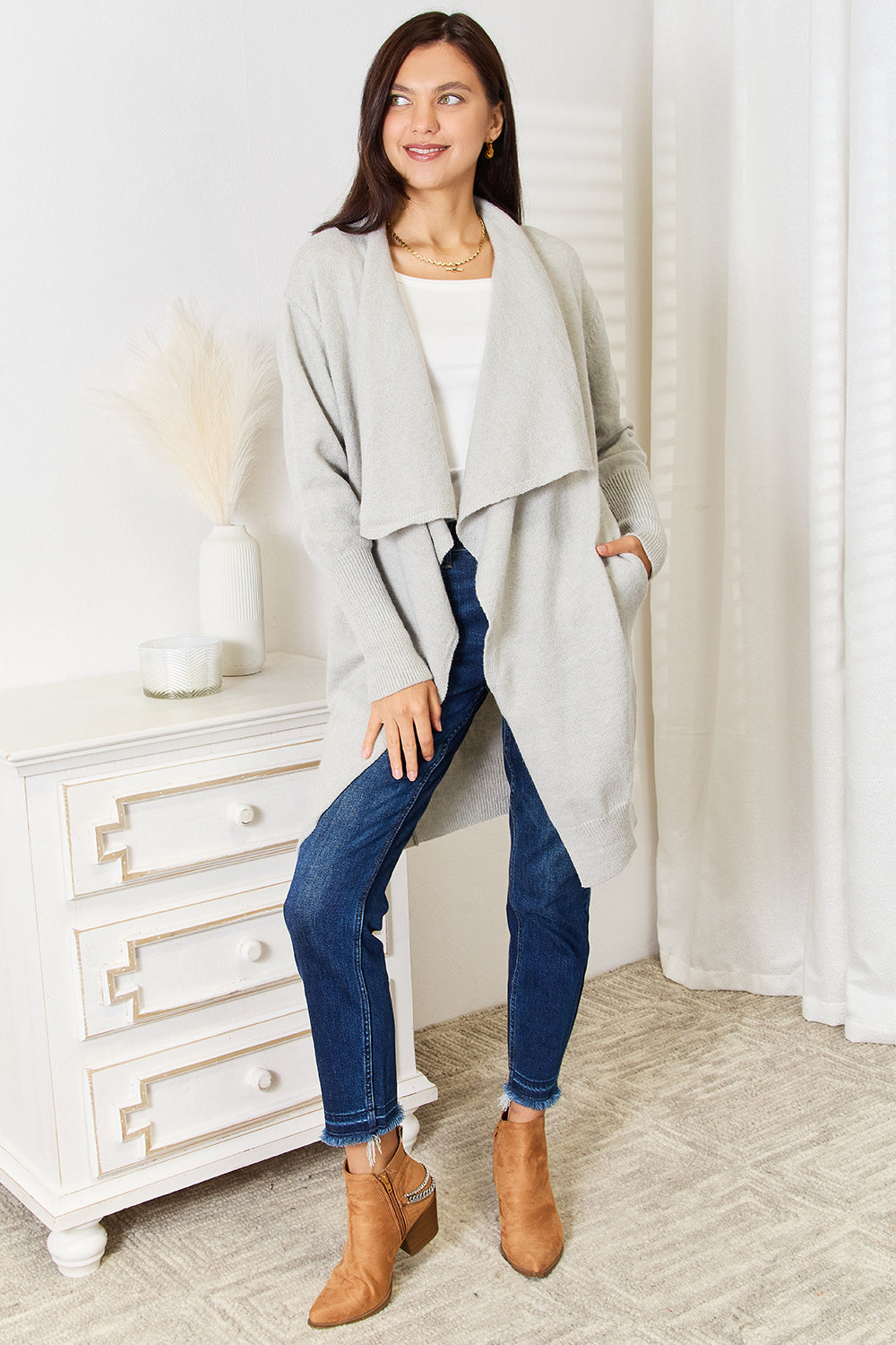 Angel Wings Open Front Duster Cardigan with Pockets-TreUS2D