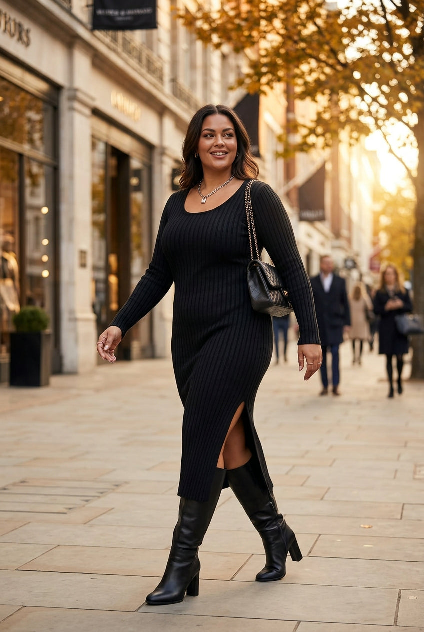 Full Size Ribbed Knit Bodycon Midi Dress Plus Size - Tre(INT8)