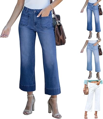 Perssia CurveGlow Wide‑Leg Jeans™ High‑Waisted— Stretchy Raw‑Hem Denim (Blue, Size 10)