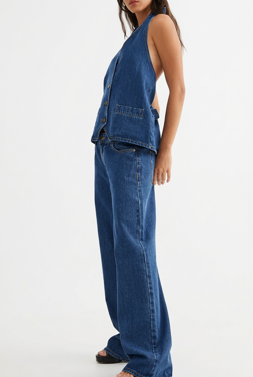 A model wearing a matching blue denim vest and wide-leg jeans, shown from the side against a plain white studio background.
