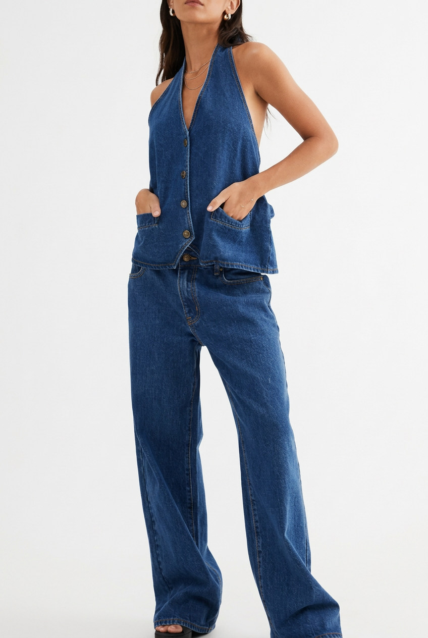 A model wearing a matching blue denim vest and wide-leg jeans, shown from the side against a plain white studio background.